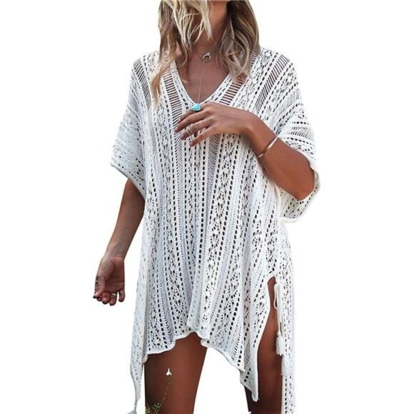 White Knit Crochet Bikini Swimsuit Coverup Dress Short Sleeve Swim Beach Dress‎ - Picture 4 of 7